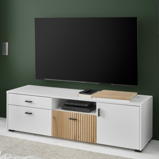 Lomadox Lowboard HUNTER-61, TV-Board Mediamöbel weiß matt Eiche gerillt 150x44x42 cm