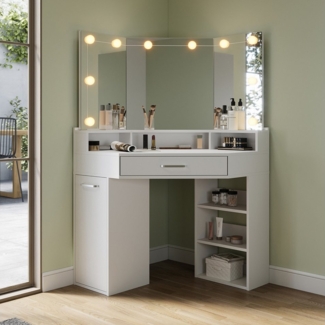 SONNI Schminktisch Schminktisch mit LED-Beleuchtung/ohne LED, Weiß & Schwarz, Eck-Schminktisch, mit LED-Beleuchtung und Spiegel, 110 x 141.5 cm