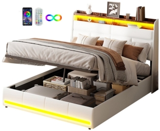 FUROKOY Polsterbett Stauraumbett(1-tlg),LED-Beleuchtung Hydraulisches Kunstleder, Doppelbett 140x200 cm,Weiß