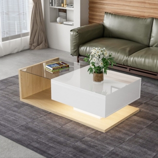 HAUSS SPOLE Couchtisch in Hochglanz mit Glas und LED-Leuchten und 1Schublade, weiß und Holz (Wohnzimmertisch, 1-St, 105*55*32,5cm), mit Glastischplatte, Schublade und 16-farbigen variablen LED-Leuchten