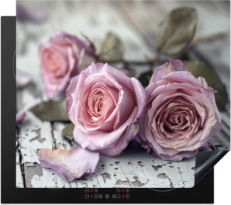 MuchoWow Herd-Abdeckplatte Rosen - Vintage - Rosa - Holz, Vinyl, (1 tlg), Abdeckplatte für Ceranfeld, Herd Inductionsmatte, 60x50 cm