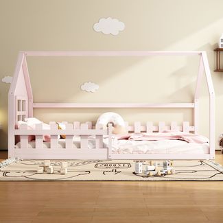 Bett 90x200 cm in Hausform aus Kiefer und MDF, rosa mit Lattenrost – kindgerechtes Design