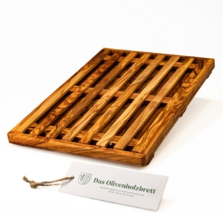 dasOlivenholzbrett Brotschneidebrett Brotschneidebrett mit Krümelrost, flach, Olivenholz, (1-St)