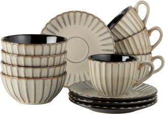 Geschirr Set für 4 Personen im modernen Vintage Look, 12-teiliges Frühstücksgeschirr Service aus Keramik in Beige mit schwarzen Akzenten