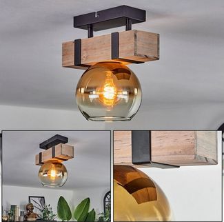 hofstein Deckenleuchte Deckenlampe aus Metall/Holz /Glas in Schwarz/Natur/Gold/Klar, ohne Leuchtmittel, Leuchte mit Glasschirm (15cm), 1xE27, ohne Leuchtmittel