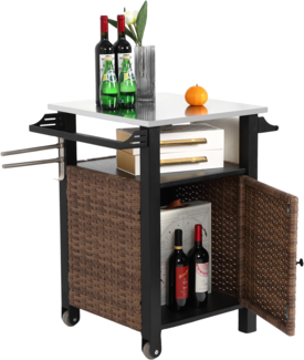 Küchenwagen Barwagen mit einer Tür, Rollwagen und Lagerschrank, aus Korbgeflecht und Edelstahl