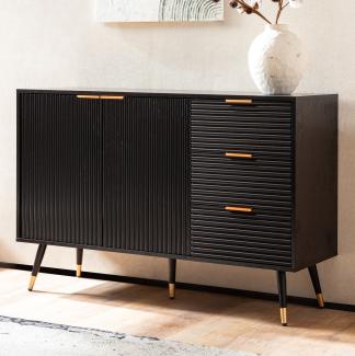 FineBuy Sideboard 120x80x40 cm Anrichte Schwarz mit Eiche-Dekor, Kommode mit Türen und Schubladen, Kommodenschrank Flurschrank Modern, Standschrank Wohnzimmer Metallbeine Schwarz