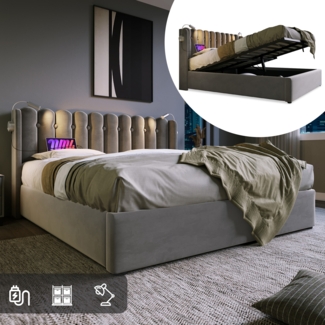 Polsterbett mit Leselampe,USB-Ladefunktion,Stauraum,grauer Samt,140x200 cm