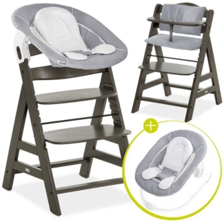 Hauck Hochstuhl Alpha Plus Select Charcoal Newborn Set - Stretch G (Set), Holz Babystuhl ab Geburt inkl. Aufsatz für Neugeborene & Sitzauflage