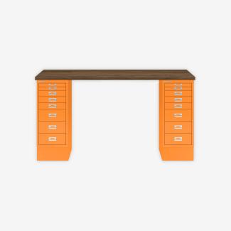 MultiDesk, 2 MultiDrawer mit 8 Schüben, Dekor Nussbaum, Farbe Orange, Maße: H 740 x B 1400 x T 600 mm