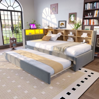 Schlafsofa 90x200 mit Ausziehbett 90x190 – Flanell Dunkelgrau, LED-Beleuchtung und Multifunktionsanschlüsse