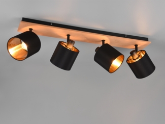 Deckenstrahler TOMMY 4-flammig Holz, Stoffschirme Schwarz Gold, Breite 70cm
