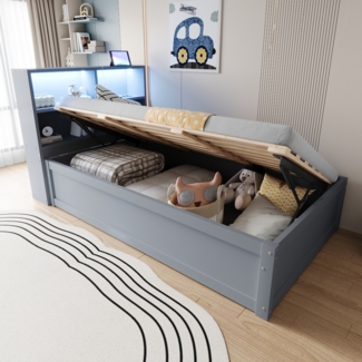 Merax 90*200cm Einzelbett, Massivholzbett, Schlafsofa, mit Mehrfachsteckdose und mehreren Staufächern, mit Lichtleiste, hydraulisches Bett, multifunktionales Holzbett, Grau