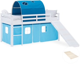 Hochbett 90x200 cm mit Lattenrost Rutsche Stockbett Kinderbett Holz Kiefer Vorhang Tunnel Blau