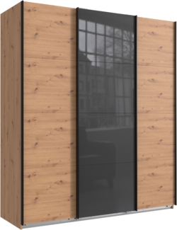 Schwebetürenschrank Kleiderschrank B180 cm H208 cm 3-trg. Eichendekor, 1 Tür Glas Grau