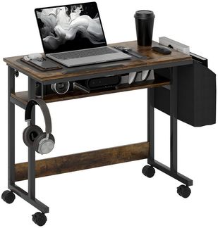 HOMCOM Schreibtisch 92x40 cm, mit Rollen, neigbar Plattform, Aufbewahrungstasche (Tisch, 1-St, Computertisch), für Arbeitszimmer, Büro, Stahl, Rustikales Braun