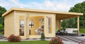 Gartenhaus Radeburg 2 - 369x309 cm plus Anbaudach 3,30m mit Rückwand, 40 mm Holz naturbelassen, Karibu