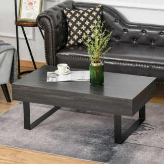 Couchtisch minimalistisch Holzmaserung Metall schwarz mit Schublade Beistelltisch Wohnzimmer