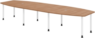 bümö Konferenztisch oval 400x130 cm großer Besprechungstisch in Nussbaum, Besprechungstisch mit Gestell in weiß, Meetingtisch für 14 Personen, XXL-Tisch für Besprechungsraum & Meeting, KT40C-N-W