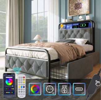 STILVORA Polsterbett Stauraumbett 90×200 Bettgestell Jugendbett mit LED-Beleuchtung, USB-C (Einzelbett, 90×200CM, mit Bettrahmen und 2 Schubladen, ohne Matratze), mit aufladen USB Type C Ladefunktion APP-Control LED
