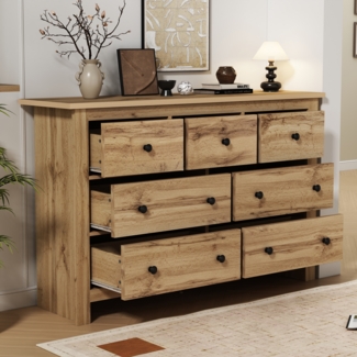Sideboard Landhausstil Holzfarbe mit 7 geräuschlosen Schubladen, verstellbarer Mittelfuß, Kippsicherung, Stauraum