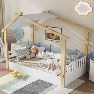 Flieks Kinderbett, Holzbett Einzelbett Hausdesign mit stabilen Lattenroste 90x200cm