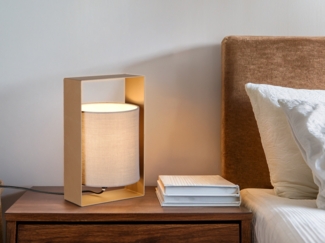 Moderne LED Tischlampe Metallrahmen Coffee, Stoffschirm Taupe, Höhe 27cm