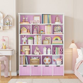 Homfa Kinderregal mit 4 Spielzeugkisten auf Rollen, Spielzeugregal mit 12 offenen Fächern Spielzeugtruhe 125x175x33cm weiß