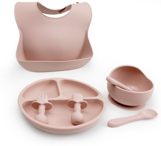 Baby-Silikongeschirr-Set, bestehend aus lebensmittelechtem Silikon-Schüssel mit Saugnapf, Trennteller, Gabel, Löffel und Lätzchen – hautfarben