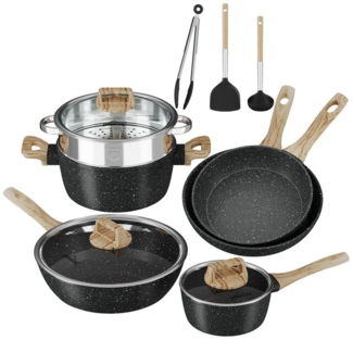 HOMELUX Topf-Set 12tlg Induktions Töpfe Set, Antihaftbeschichtung Topf mit Deckel, Aluminium, Edelstahl (Pfanne 24/28cm, Tiefe Bratpfanne 28cm, Topf mit Dampfgarer 24cm, Milchtopf 16cm), Induktion