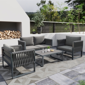 Merax Garten-Lounge-Set mit verzinktem Eisenrahmen, Gartenmöbel-Set aus Seil, verstellbare Füße, 4er-Set,Mit WPC-Tisch, grau