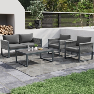 Merax Garten-Lounge-Set mit verzinktem Eisenrahmen, Gartenmöbel-Set aus Seil, verstellbare Füße, 4er-Set,Mit WPC-Tisch, grau