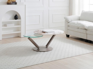 Vente-unique - Couchtisch mit drehbaren Tischplatten - Keramik, Sicherheitsglas & taupefarbenes Metall - Marmor-Optik Weiß & Grau - ELDOVA