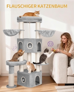 Kratzbaum, 163 cm Katzenbaum, 11 cm d Dicke Sisalstämme, für Große Katze, 2 Höhlen, Geräumige plattform, Plüschball, Katzenbürste, Mehrstöckiger Katzenkratzbaum, Hellgrau Beige