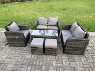 Fimous 7-Sitzer Dunkelgrau PE Wicker Rattan Gartenmöbel Set Liegestuhl Liebe Sofa 2-Sitzer Sofa Set Outdoor Oblong Couchtisch Hocker Hohe Rückseite