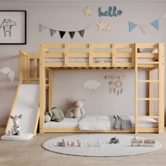 Bett 90x200 cm Etagenbett mit Rutsche und Treppe – Naturholz mit Bettvorhang, kindersicher