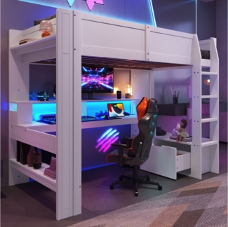 Merax Hochbett (Kiefernholz, 1-St, Jugendbett Einzelbett) Kinderbett 90x200cm mit LED- Beleuchtung Schreibtisch Schublade Regal
