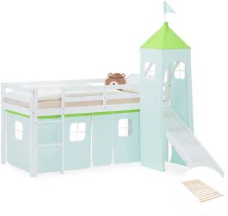 Hochbett Kinder 90x200 cm mit Rutsche Lattenrost Kinderbett Kinderhochbett Stockbett Vorhang Turm Grün