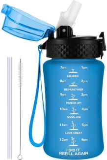 Trinkflasche Kinder 350ml mit Strohhalm Zeitmarkierung BPA-frei Blau