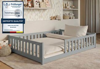 Kids Collective Kinderbett Bodenbett Bett mit Rausfallschutz & Lattenrost Montessori Bett Kinder (Jungen, Mädchen, Kinder, weitere Größen 80x160, 80x180, 90x190, 90x200, 120x200 cm), Jugendbett Gitterbett Einzelbett mit Matratze, Aschgrau 140x200 cm