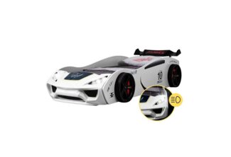 Coemo Autobett DREAM RACER (Spielbett mit Spoiler), Weiß Kinderbett 90x200 Rennwagen inkl. Lattenrost LED-Licht Spielbett