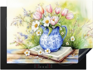 MuchoWow Herd-Abdeckplatte Vase - Delfter Blau - Gänseblümchen, Vinyl, (1 tlg), Abdeckplatte für Ceranfeld, Herd Inductionsmatte, 57x51 cm