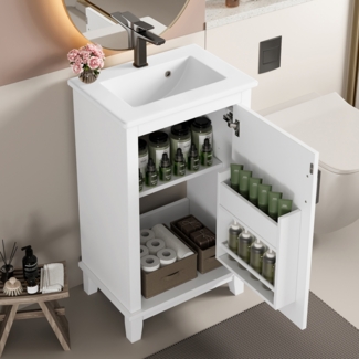 Merax 51x34x83cm Waschtisch, Badezimmerschrank mit Waschbeck, verstellbare Regale, integriertes Keramikwaschbecken, geeignet für kleine Räume, weiß