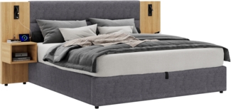 Polsterbett Liegefläche 180x200 cm Samt mit hydraulischem Bettkasten, LED-Lesebeleuchtung und USB-Anschlüssen, inkl. 2 Nachttische (Natural/Grey)