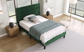 BlingBin Einzelbett Polsterbett Jugendbett (Bettgestell mit Lattenrost & Kopfteil), Textilbezug Samt in Dunkelgrün, 90x200 cm