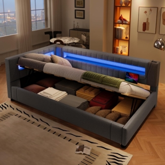 Schlafsofa mit LED-Beleuchtung und Stauraum, 90x200 cm, USB/Type-C Anschlüsse, Einzelbett mit Lattenrost, Polsterbett, Leinen