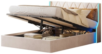 FUROKOY Polsterbett Boxspringbett Hydraulisches Doppelbett LED Licht, 160x200 cm,mit Stauraum,Samt,Beige