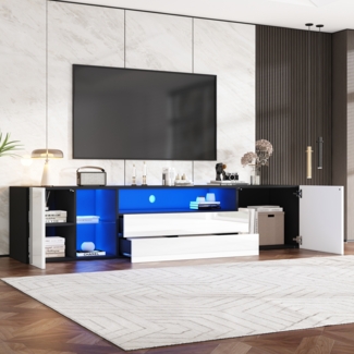 TV-Standschrank, Hochglanz-LED-Lowboard-TV-Schrank, TV-Ständer mit 2 Schubladen und 2 Schränken, geeignet für 75-Zoll-Fernseher, schwarz-weißer Spleiß-TV-Schrank, 180 x 40 x 45 cm