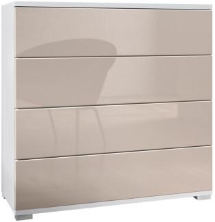 Vladon Kommode Pavos V3 (Sideboard, mit 4 Schubladen), Weiß matt/Sandgrau Hochglanz (76 x 76 x 35 cm)