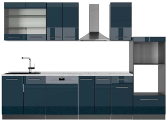Küchenzeile Fame-Line Dunkelblau Hochglanz/Anthrazit 300 cm mit Hochschrank, AP Marmor Vicco